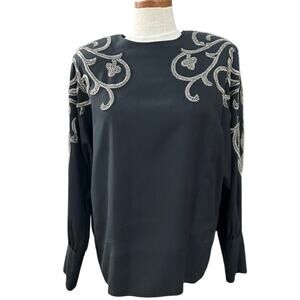 Bonnie Boerer Unlimited 80s Silk Bugle Bead Blouse L Black Silver Scrollwork
